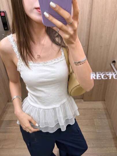 Tideelle Lace Trim Camisole Top, Cinched Waist Sleeveless Layered Ruffle Hem Blouse For Women