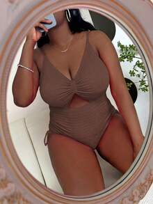 Slaydiva Traje de baño de una pieza de unicolor con diseño calado para tallas grandes - Café integral - Ver 4
