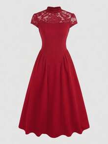 Teen Girl Spring/Summer Elegant Lace Patchwork Long Dress, Dress, Stand Collar Short Sleeve Cinched Waist Ruched Full Skirt Dress, - Burgundy - View 3