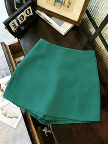 Women's High-Waisted Shorts/Skirt/Culottes Made Of Soft, Textured Fabric With A Slit, Versatile For Work Or Casual Wear, In Grey, For Spring/ - 無色 - 查看 2