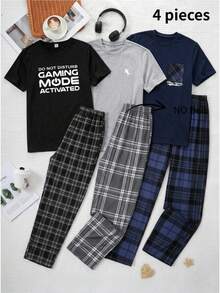 4 piezas Conjunto de pijama para adolescentes, top de manga corta en negro y gris jaspeado y pantalones a cuadros, tela suave y cómoda, diseño minimalista, elástica y transpirable, lavable a máquina (se venden 2 conjuntos por separado) - Multicolor - Ver 6