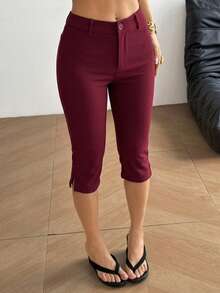 SHEIN EZwear 女款拉鍊純色直筒低腰針織七分褲 勃根地紅 夏季休閒 度假 登山 大學風 - 酒紅色 - 查看 1