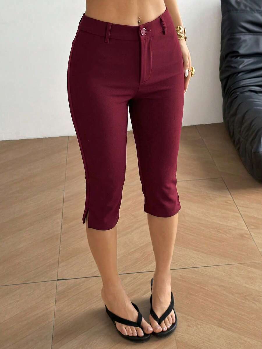 SHEIN EZwear 女款拉鍊純色直筒低腰針織七分褲 勃根地紅 夏季休閒 度假 登山 大學風 - 酒紅色 - 查看 1