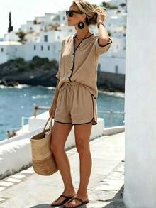 SHEIN Holidaya Contrast Trim Linen Shirt & Shorts Set, Loose Casual Beach Holiday 2 Pieces Outfit - Khaki - View 3