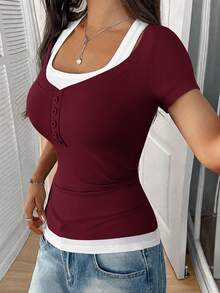 Zavorell Color Block Patchwork Design Fitted T-Shirt - Burgundy - View 5