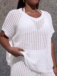 Breezaya Plus Size Women's Solid Color Lightweight V-Neck Batwing Knit Top, Suitable For Spring/Summer Commute - White - View 8