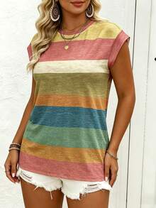 EMERY ROSE Women's Plus Size Casual Vintage Striped Pattern Batwing Sleeve Round Neck T-Shirt, Suitable For Spring And Summer Tops - Multicolor - View 3