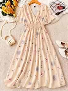 SHEIN Clasi Đầm hè cỡ lớn tay ngắn nhún bèo thắt eo in hoa thanh lịch - Nhiều màu - Xem 1