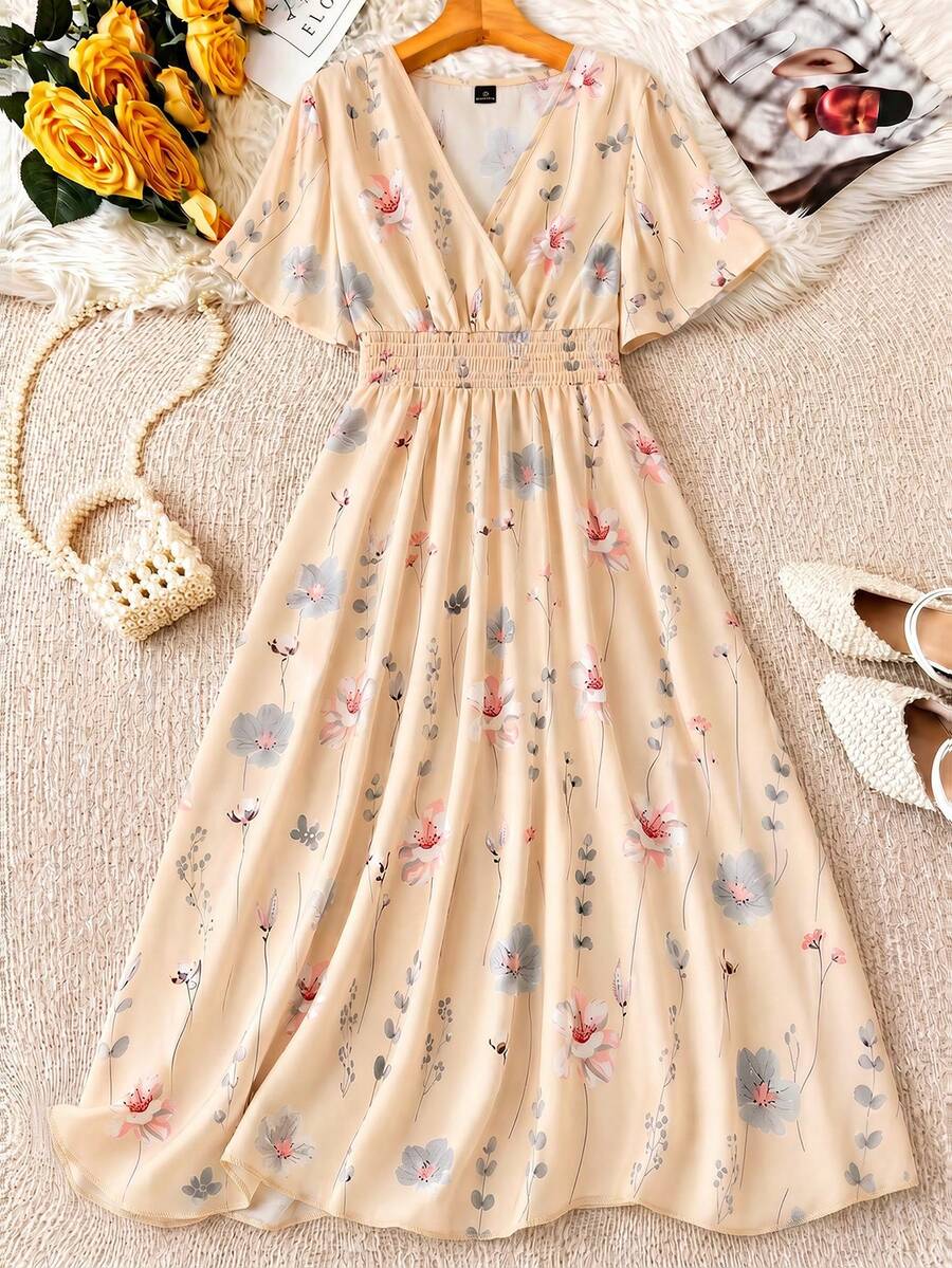 SHEIN Clasi Đầm hè cỡ lớn tay ngắn nhún bèo thắt eo in hoa thanh lịch - Nhiều màu - Xem 1
