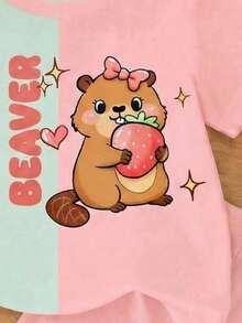 SHEIN 少女圓領字母卡通印花撞色短袖T恤與短褲休閒日常套裝 - 彩色 - 查看 2