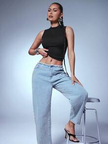 Denimoi Women's Solid Color Backless Round Neck Sleeveless Tight Crop Top, Summer Golf Pastal Sexy - Black - View 5