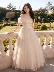Teen Girls Apricot Off-Shoulder Spaghetti Strap Satin & Mesh Patchwork Elegant Multi-Layer Cake Dress, Lightweight Soft Fabric, Suitable For Vacation, Graduation, Back To School, Wedding Season, Formal Parties And Events - Apricot - View 1