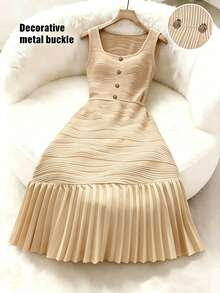 Franclia Women's Orange Summer Ellegant French Brunch Date Dress, Textured Knit Pleated A-Line Button Decor Patchwork Casual Party Beach Outfit - Apricot - View 1