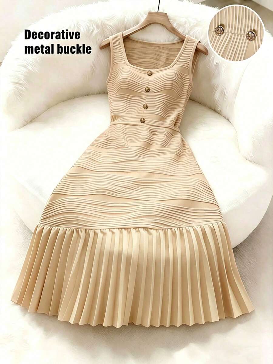 Franclia Women's Orange Summer Ellegant French Brunch Date Dress, Textured Knit Pleated A-Line Button Decor Patchwork Casual Party Beach Outfit - Apricot - View 1