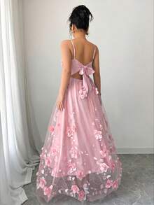 Rafferiza 浪漫花卉网纱长裙，适合生日、婚礼宾客、新娘礼服等场合 - 淺粉色 - 查看 8