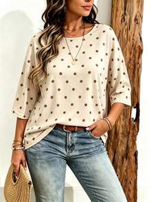 EMERY ROSE Plus Size Women's Casual Minimalist Polka Dot Print Drop Shoulder T-Shirt, Suitable For Summer Wear - Multicolor - View 3