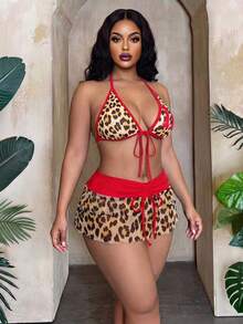 Slaydiva Plus Size Women's 3-Piece Set Leopard Print Swimsuit With Adjustable Strap Bikini,Short Mesh Skirt & Bowknot For Beige Summer Beach Vacation Holiday - Red - View 5