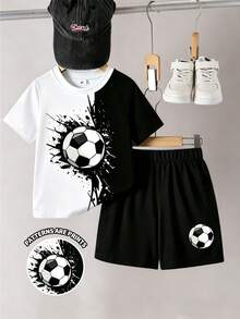 Young Boys 2-Piece Set Sports Fashion Cool Soccer Splatter Color Block Design Printed Short Sleeve T-Shirt And Soccer Printed Shorts Set Suitable For Outings In Summer - Multicolor - View 5