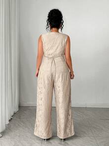 Elenzga Plus Size Elegant Commuter Solid Color Lace Vest & Pants 2 Pieces Set, Summer - Khaki - View 2