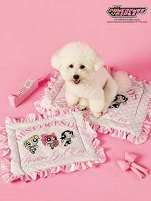 THE POWERPUFF GIRLS X PETSIN 1pc Pink Big Eyed Girl Good Friend Pink Checkered Letter Printed Pet Bed Soft And Comfortable Anti Slip Ruffled Edge Pet Bed - Multicolor - View 3
