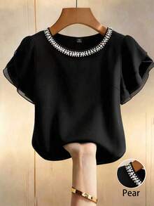 GlowEve CURVE Plus Size Faux Pearl Decor Round Neck Solid Color Elegant Short Sleeve Blouse - Black - View 1