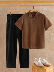 COMVAIL 加大码男士纯色休闲短袖 Polo 衫和裤子套装 - 彩色 - 查看 2
