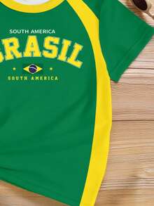 Pakaian Musim Panas Musim Semi Musim Gugur Remaja Perempuan Mode Kreatif Personalisasi Hijau Brasil Kuning Huruf Slogan Pola Kasual Dasar Kaos Lengan Pendek Gaya Musim Panas dan Gugur yang Nyaman Pakaian Sehari-hari - MultiWarna - View 5