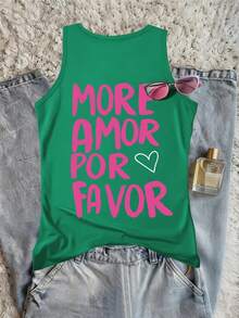 DrmWander Plus Size Vacation Casual Letter Print Tank Top - Green - View 3