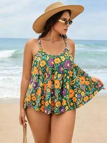 Swim Lushoire Setelan Baju Renang Dua Potong Tank Bikini Ukuran Plus Wanita Terbaru dengan Motif Modis, Desain Ruffle, dan Bawahan Segitiga Pinggang Tinggi - Hijau - View 6