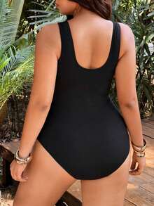 Swim Lushoire Plus Size Women's V-Neck Striped Color Block Ruched One-Piece Swimsuit, Suitable For Beach Vacation, Pool Party, Beach Party - Black and White - View 2
