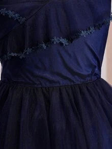 Vestido elegante para niñas preadolescentes para fiesta de regreso a la escuela con cuello en V, sin mangas, mangas con volantes, tul y encaje - Azul Marino - Ver 7