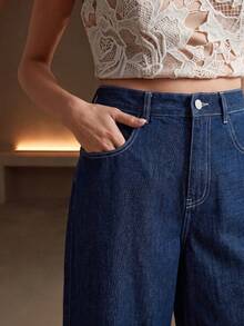 Anewsta Autumn Holiday Outfits Navy Blue Modern Casual Fashion Non-Denim Design Commuter Everyday Women Wide Leg Pants - Navy Blue - View 3