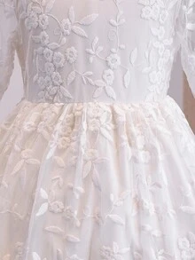 少女白色長袖刺繡網紗洋裝，輕盈柔軟面料，適合度假、畢業、返校、婚禮季、正式場合及各種派對活動 - 白色 - 查看 3