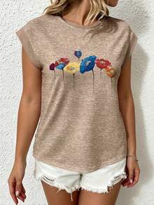 EMERY ROSE Women's Plus Size Casual Retro Floral Print Batwing Sleeve Round Neck T-Shirt, Suitable For Spring And Summer Tops - Multicolor - View 1
