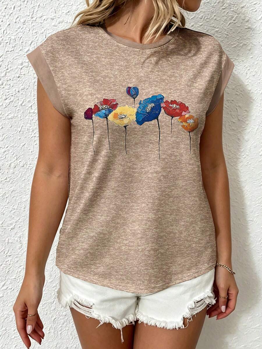 EMERY ROSE Women's Plus Size Casual Retro Floral Print Batwing Sleeve Round Neck T-Shirt, Suitable For Spring And Summer Tops - Multicolor - View 1