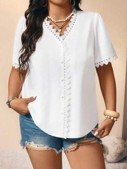 Breezaya Women's Fashionable Elegant Ruffle V-Neck Short Sleeve Blouse
