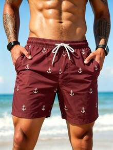 Manfinity KASUA Men's Summer Beach Vacation Style Full Print Anchor Drawstring Waist 2 In 1 Beach Shorts, Holiday - Coffee Brown - View 6