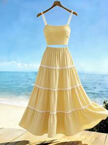 SHEIN Holidaya Conjunto de 2 Peças para Verão, Férias, Passeio, Conjunto de 2 Peças Amarelo, Conjunto de 2 Peças Casual, Conjunto de 2 Peças Estilo Country, Conjunto de 2 Peças Elegante para Férias, Conjunto de 2 Peças para Praia, Tecido Texturizado com Design de Patchwork em Fita, Design de Cores Contrastantes, Conjunto de 2 Peças Básico, Conjunto de 2 Peças para Verão - Luz amarela - Visão 3