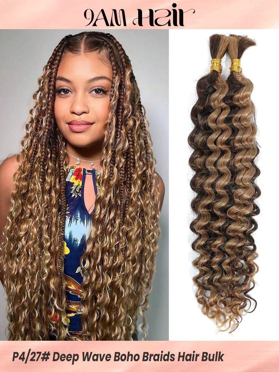 2pcs Braiding Hair Bulk No Weft Deep Wave Crochet Human Hair Paino Color P27/30# Virgin Human Hair Extension Knotless Braids Hair Extensions - S4/27 - View 1