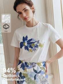 Anewsta 94%纯棉优雅女士T恤，简约通勤休闲短袖圆领刺绣亮片黑色T恤 - 藍白色 - 查看 6