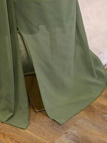 SHEIN 青少年女孩優雅休閒返校夏季鼠尾草綠雪紡荷葉邊細肩帶高腰魚尾洋裝 秋季婚禮正式伴娘禮服 - 綠色 - 查看 7