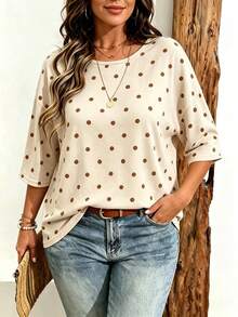EMERY ROSE Plus Size Women's Casual Minimalist Polka Dot Print Drop Shoulder T-Shirt, Suitable For Summer Wear - Multicolor - View 4