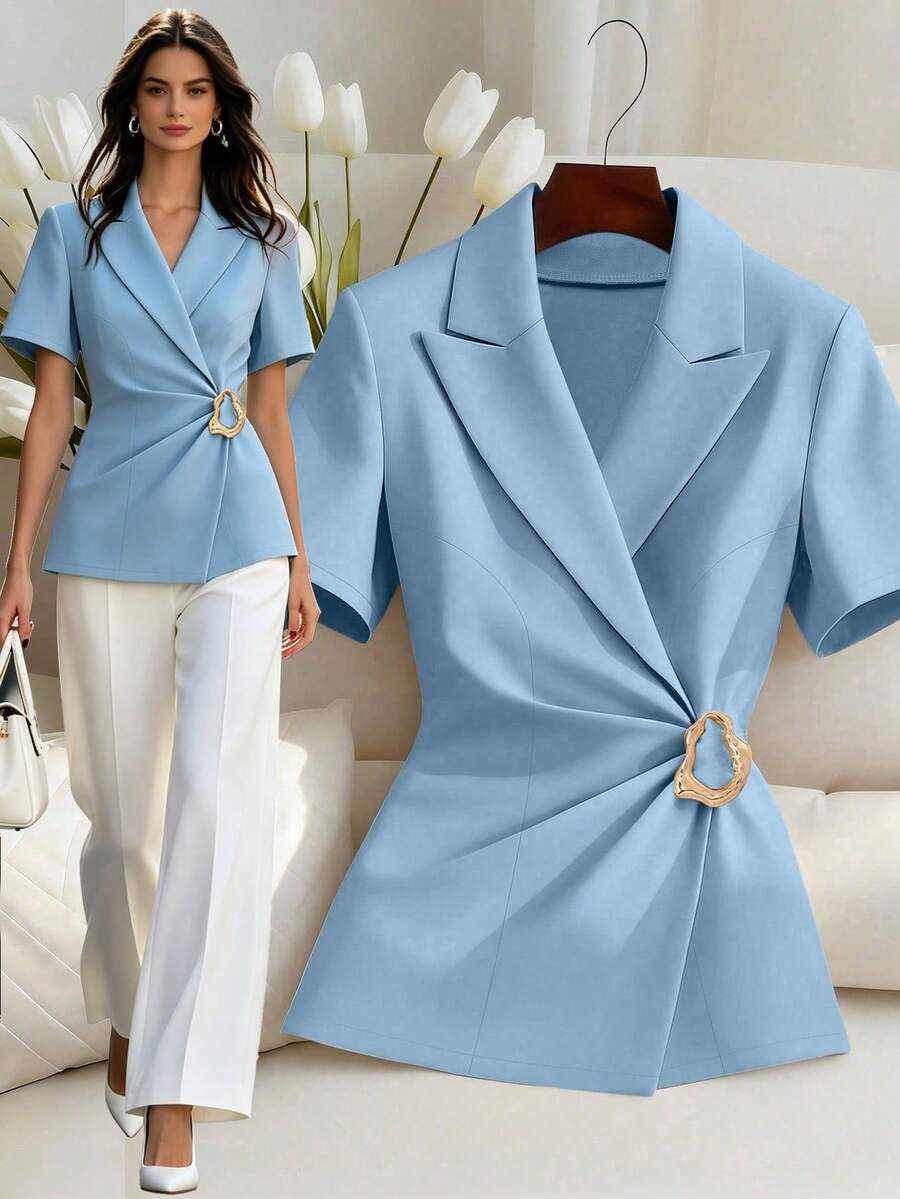 Franclia Elegant Pleated Metal Decor Short Sleeve Blazer Jacket, Versatile For Daily Wear And Commuting, Women Spring/Summer - Blue - View 1