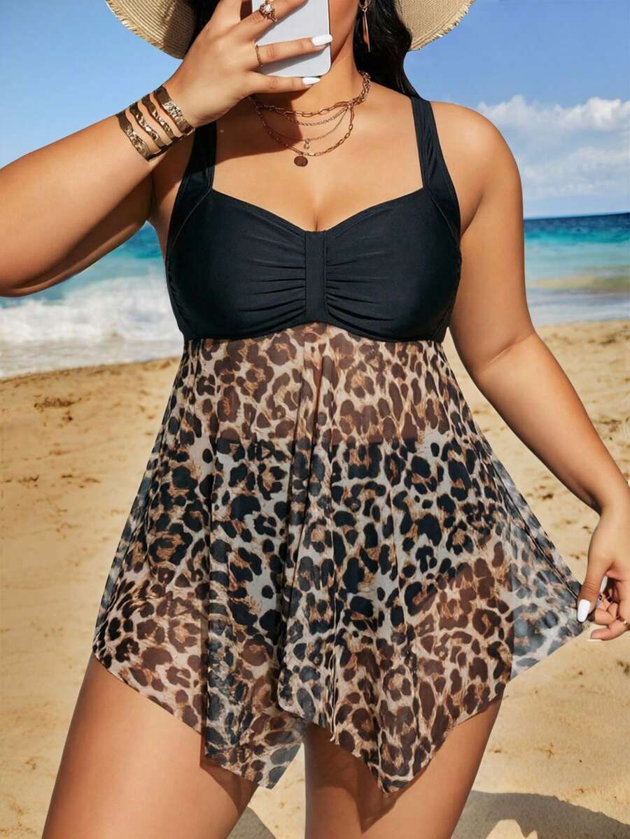 Swim Lushoire Plus Size Leopard Print Patchwork Tankini Set For Vacation Beach - Multicolor - View 1