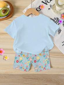 Summer Baby Girl Casual Multi-Piece Set, Brown & Apricot Leopard Print Cartoon Rabbit Pattern, Round Neck Short Sleeve T-Shirt & Shorts - Multicolor - View 2