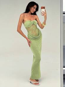 Glamine Vestido largo sexy para mujer de chica atractiva, verde, de punto, con torsión frontal, busto moldeador, cintura con empalme, bajo con volantes de encaje, adecuado para playa, Día de San Valentín, fiesta, ceremonia de graduación, evento de moda, carnaval, vacaciones, invitada de boda, cita, fiesta, concierto - Verde - Ver 7