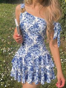 SHEIN 少女優雅可愛白色與藍色花卉不對稱單肩洋裝 青少年春夏度假花卉派對洋裝 - 藍白色 - 查看 12