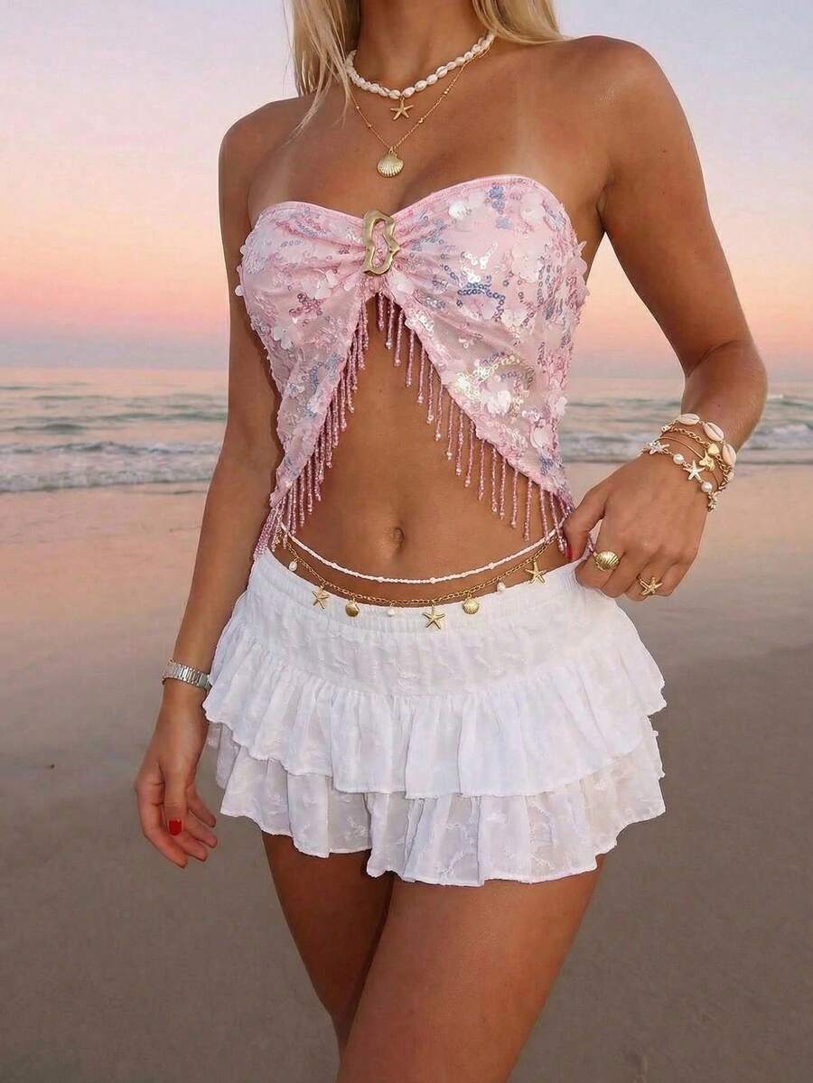 SHEIN 女士度假沙滩花卉亮片流苏下摆抹胸上衣 - 粉色 - 查看 1