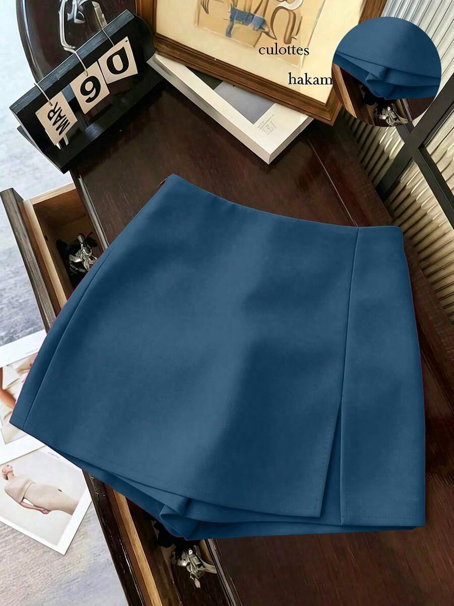 EMERY ROSE Plus Size Women's Fashion Casual Commute Versatile Textured Soft Fabric High Waist Split Shorts/Skirt/Capri Pants/Hot Pants, Spring And Autumn - Blue - View 1