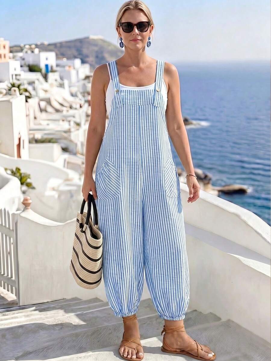 SHEIN LUNE CURVE Bộ áo liền quần nữ cỡ lớn thanh lịch, kẻ sọc, có túi, dây rút, thích hợp cho công sở, mùa xuân/hè. - Màu xanh lam - Xem 1